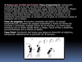 4-Saque por Arriba de Frente: Fase preparatoria: Colocación
inicial de frente a la red, en dirección al objetivo. Después del
lanzamiento del balón, el brazo que pega continúa hacia atrás. Mayor
o menor flexión dorsal (dependiente de la distancia del objetivo,
fuerza, individualmente diferente). Mayormente se observa una
combinación entre flexión y torsión del cuerpo, la tirantez no se
abandona esencialmente, el contacto con el piso se mantiene hasta el
contacto con el balón.
Fase de pegada: Encuentro completo del balón, el cuerpo
perpendicular, el brazo de pegada extendido y mano en forma de
cuchara y contraída, trabajo activo de la muñeca. La mano hace
contacto con el balón desde atrás y abajo, hacia arriba y adelante,
transmitiéndole así el efecto al balón.
Fase final: Oscilación del brazo que pega en dirección al objetivo,
adoptando rápidamente la posición en el terreno.
 