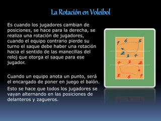 Es cuando los jugadores cambian de
posiciones, se hace para la derecha, se
realiza una rotación de jugadores,
cuando el equipo contrario pierde su
turno el saque debe haber una rotación
hacia el sentido de las manecillas del
reloj que otorga el saque para ese
jugador.
Cuando un equipo anota un punto, será
el encargado de poner en juego el balón.
Esto se hace que todos los jugadores se
vayan alternando en las posiciones de
delanteros y zagueros.
 