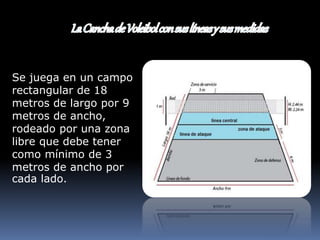 Se juega en un campo
rectangular de 18
metros de largo por 9
metros de ancho,
rodeado por una zona
libre que debe tener
como mínimo de 3
metros de ancho por
cada lado.
 