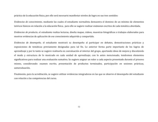 11
práctica de la educación física, por ello será necesario manifestar niveles de logro en sus tres sentidos:
Evidencias de conocimiento, mediante las cuales el estudiante normalista demuestra el dominio de un mínimo de elementos
teóricos básicos en relación a la educación física, para ello se sugiere realizar exámenes escritos de cada temática abordada.
Evidencias de producto, el estudiante realiza lecturas, diseña mapas, videos, muestras fotográficas o trabajos elaborados para
mostrar evidencias de aplicación de ese conocimiento adquirido y compartido.
Evidencias de desempeño, el estudiante mostrará su desempeño al participar en debates, demostraciones prácticas y
exposiciones de temáticas previamente designadas para tal fin. Lo anterior forma parte importante de los logros de
aprendizaje y por lo tanto se sugiere realizarla en coevaluación al interior del grupo, aportando ideas de mejora y discutiendo
el modo y estructura de lo mostrado en cada unidad de aprendizaje; con lo antes mencionado, tendremos elementos
significativos para realizar una evaluación sumativa. Se sugiere asignar un valor a cada aspecto presentado durante el proceso
mismo, considerando: examen escrito, presentación de productos terminados, participación en sesiones prácticas,
autoevaluación.
Finalmente, para la acreditación, se sugiere utilizar evidencias integradoras en las que se observe el desempeño del estudiante
con relación a las competencias del curso.
 