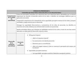 18
UNIDAD DE APRENDIZAJE II.
Contenidos que desarrolla la educación física en la educación básica
Competencias
de la unidad
de
aprendizaje
Conoce los principales contenidos de la educación física en la educación básica, ubicándolos por su nivel de
importancia de acuerdo al desarrollo motriz de los niños e identifica las estrategias didácticas para su
aplicación en la sesión.
Comprende la importancia de la estimulación de las capacidades perceptivo-motrices de los niños y propone
actividades y juegos motores para su desarrollo.
Distingue las capacidades físico-motrices y sociomotrices de los niños de preescolar, las identifica en
situaciones de la vida cotidiana y las estimula desde la sesión en el preescolar.
Realiza actividades lúdicas que estimulen las habilidades motrices de los niños a través de una base motriz
adecuada a su edad, grado de desarrollo corporal y motor.
Desarrollo
de la
unidad de
aprendizaje
Secuencia
de
contenidos
 El Esquema Corporal.
o ¿Qué es el esquema corporal?
o Su construcción en la edad de preescolar.
o Elementos para su consolidación.
o ¿Qué es la imagen corporal y cómo se construye la percepción del cuerpo y de
su entorno?
 Capacidades perceptivo motrices.
o Las capacidades perceptivo-motrices: distinción conceptual y práctica
 