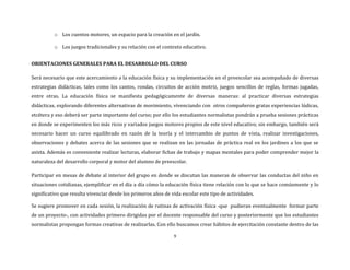 9
o Los cuentos motores, un espacio para la creación en el jardín.
o Los juegos tradicionales y su relación con el contexto educativo.
ORIENTACIONES GENERALES PARA EL DESARROLLO DEL CURSO
Será necesario que este acercamiento a la educación física y su implementación en el preescolar sea acompañado de diversas
estrategias didácticas, tales como los cantos, rondas, circuitos de acción motriz, juegos sencillos de reglas, formas jugadas,
entre otras. La educación física se manifiesta pedagógicamente de diversas maneras: al practicar diversas estrategias
didácticas, explorando diferentes alternativas de movimiento, vivenciando con otros compañeros gratas experiencias lúdicas,
etcétera y eso deberá ser parte importante del curso; por ello los estudiantes normalistas pondrán a prueba sesiones prácticas
en donde se experimenten los más ricos y variados juegos motores propios de este nivel educativo; sin embargo, también será
necesario hacer un curso equilibrado en razón de la teoría y el intercambio de puntos de vista, realizar investigaciones,
observaciones y debates acerca de las sesiones que se realizan en las jornadas de práctica real en los jardines a los que se
asista. Además es conveniente realizar lecturas, elaborar fichas de trabajo y mapas mentales para poder comprender mejor la
naturaleza del desarrollo corporal y motor del alumno de preescolar.
Participar en mesas de debate al interior del grupo en donde se discutan las maneras de observar las conductas del niño en
situaciones cotidianas, ejemplificar en el día a día cómo la educación física tiene relación con lo que se hace comúnmente y lo
significativo que resulta vivenciar desde los primeros años de vida escolar este tipo de actividades.
Se sugiere promover en cada sesión, la realización de rutinas de activación física -que pudieran eventualmente formar parte
de un proyecto-, con actividades primero dirigidas por el docente responsable del curso y posteriormente que los estudiantes
normalistas propongan formas creativas de realizarlas. Con ello buscamos crear hábitos de ejercitación constante dentro de las
 