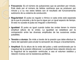  Frecuencia: Es el número de pulsaciones que se perciben por minuto.
Está dado por el número de latidos cardíacos que se producen por
minuto y a su vez estos latidos son el resultado del funcionamiento
autónomo de su sistema de conducción.
 Regularidad: El pulso es regular o rítmico si cada onda está separada
de la que le precede y de la que le sigue por un igual espacio de tiempo.
Si esto no sucede el pulso es irregular o disrrítmico.
 Igualdad: El pulso es igual cuando todas las ondas tienen la misma
amplitud (altura de la onda). La igualdad se establece por la
comparación entre las diversas amplitudes de las sucesivas ondas
pulsátiles.
 Tensión o dureza: Se mide a través de la presión que debe efectuar la
mano del operador para anular la sensación de choque o levantamiento.
 Amplitud: Es la altura de la onda del pulso y está condicionada por la
magnitud de la presión diferencial. La amplitud tiene relación directa con
la magnitud de la expulsión ventricular, o sea el volumen sistólico y
relación inversa con la resistencia periférica.
 
