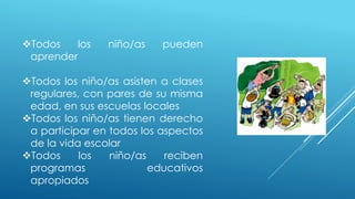 Todos los niño/as pueden
aprender
Todos los niño/as asisten a clases
regulares, con pares de su misma
edad, en sus escuelas locales
Todos los niño/as tienen derecho
a participar en todos los aspectos
de la vida escolar
Todos los niño/as reciben
programas educativos
apropiados
 