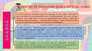 CENTRO DE EDUCACIÓN BÁSICA ESPECIAL (CeBe)
El cEBE atiende las necesidades educativas especiales de niños, niñas y adolescentes
que tienen algún tipo de discapacidad severa o multidiscapacidad. Debe tener enfoque
inclusivo. Si un padre lleva a su hijo con discapacidad física, motora o intelectual
moderada, deberá transferirlo a la Escuela Básica Regular o Técnico Productiva, para
lo cual, sus especialistas realizarán una evaluación psicopedagógica.
El cEBE constituirá el “Servicio de apoyo y asesoramiento para la atención de estudiantes
con necesidades educativas especiales”, denominado “SaanEE”, como una unidad operativa
itinerante, responsable de orientar y asesorar al personal directivo y docente de las
instituciones educativas inclusivas de todos los niveles y modalidades del Sistema Educativo y
del CEBE al que pertenece, para una mejor atención de los estudiantes con discapacidad,
talento y/o superdotación.
El SaanEE esta encargado de la prevención, detección, diagnóstico, tratamiento e
inclusión familiar, educativa, laboral y social de los estudiantes con discapacidad leve,
moderada o severa, con multidiscapacidad y con talento y superdotación.
 