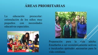 ÁREAS PRIORITARIAS
La educación preescolar:
estimulación de los niños muy
pequeños con necesidades
educativas especiales.
Preparación para la vida adulta:
Enseñarles a ser económicamente activos
e inculcarles aptitudes necesarias para la
vida cotidiana.
 