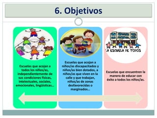 6. Objetivos
Escuelas que acojan a
todos los niños/as,
independientemente de
sus condiciones físicas,
intelectuales, sociales,
emocionales, lingüísticas…
Escuelas que acojan a
niños/as discapacitados y
niños/as bien dotados, a
niños/as que viven en la
calle y que trabajan,
niños/as de zonas
desfavorecidas o
marginados…
Escuelas que encuentren la
manera de educar con
éxito a todos los niños/as.
 