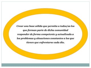 Crear una base sólida que permita a todos/as los
que forman parte de dicha comunidad
responder de forma competente y actualizada a
los problemas y situaciones constantes a los que
tienen que enfrentarse cada día.
 