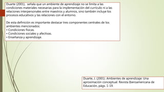 Duarte (2001), señala que un ambiente de aprendizaje no se limita a las
condiciones materiales necesarias para la implementación del currículo ni a las
relaciones interpersonales entre maestros y alumnos, sino también incluye los
procesos educativos y las relaciones con el entorno.
De esta definición es importante destacar tres componentes centrales de los
ambientes mencionados:
• Condiciones físicas.
• Condiciones sociales y afectivas.
• Enseñanza y aprendizaje.
Duarte, J. (2001). Ambientes de aprendizaje: Una
aproximación conceptual. Revista Iberoamericana de
Educación, págs. 1-19.
 