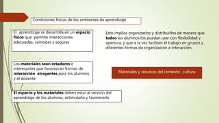 .
Esto implica organizarlos y distribuirlos de manera que
todos los alumnos los puedan usar con flexibilidad y
apertura, y que a la vez faciliten el trabajo en grupos y
diferentes formas de organización e interacción.
Condiciones físicas de los ambientes de aprendizaje
El aprendizaje se desarrolla en un espacio
físico que permite interacciones
adecuadas, cómodas y seguras
Los materiales sean retadores e
interesantes que favorezcan formas de
interacción atrayentes para los alumnos
y el docente
El espacio y los materiales deben estar al servicio del
aprendizaje de los alumnos, estimularlo y favorecerlo
Materiales y recursos del contexto , cultura
 