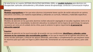 De esta forma, en nuestro SISTEMA EDUCATIVO NACIONAL (SEN), un modelo inclusivo para alumnos con
discapacidad, aptitudes sobresalientes y dificultades severas de aprendizaje, conducta o comunicación implica:
Eliminar
Modelos segregadores en los que estos alumnos únicamente tienen opción de recibir educación en centros
educativos concretos, con maestros especialistas y utilizando un currículo, métodos y materiales específicos
Abandonar paulatinamente
Modelos de atención en los que estos alumnos reciben educación segregada en escuelas regulares; tanto en la
identificación de sus necesidades, la atención educativa, la evaluación de los logros de aprendizaje, los apoyos
necesarios así como en el cuidado de los niños, pues lo anterior lo ejerce mayormente el personal de
educación especial.
Impulsar
Modelos de atención en los que la escuela, de acuerdo con sus condiciones, identifique y atienda a estos
alumnos en los contextos más normalizados posibles, en los que la mayoría de los agentes educativos del
centro escolar participen y ofrezcan los apoyos diferentes, adicionales o complementarios que requieran todos
los alumnos para que cada uno logre su pleno desarrollo, fomentando así una escuela para todos y para cada
uno.
 