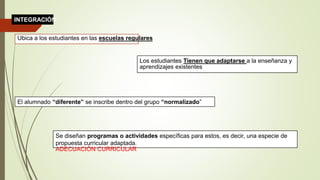 INTEGRACIÓN
Ubica a los estudiantes en las escuelas regulares
Los estudiantes Tienen que adaptarse a la enseñanza y
aprendizajes existentes
El alumnado “diferente” se inscribe dentro del grupo “normalizado”
Se diseñan programas o actividades específicas para estos, es decir, una especie de
propuesta curricular adaptada.
ADECUACIÓN CURRICULAR
 