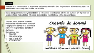 Inclusión
Se basa en la valoración de la diversidad, adaptando el sistema para responder de manera adecuada a las
necesidades de todos y cada uno de los alumnos
Busca asegurar la equidad y la calidad en la educación, considerando a todos los alumnos sin importar sus
características, necesidades, intereses, capacidades, habilidades y estilos de aprendizaje.
También busca eliminar todas las
prácticas de discriminación, exclusión
y segregación dentro de la escuela al
promover el aprendizaje de todo el
alumnado.
Se relaciona con:
 · ACCESO
 · PERMANENCIA
 · PARTICIPACIÓN
 · APRENDIZAJE
 