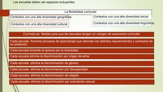 La flexibilidad curricular
Contextos con una alta diversidad geográfica
Contextos con una alta diversidad lingüísticaContextos con una alta diversidad cultural
Contextos con una alta diversidad social
Currículo es flexible para que las escuelas tengan un margen de autonomía curricular
Cada escuela fomenta procesos de aprendizaje que atiendan los distintos requerimientos y contextos de
su población
Las escuelas deben ser espacios incluyentes
Cada escuela fomente el aprecio por la diversidad
Cada escuela elimina la discriminación por origen de etnia
Cada escuela elimina la discriminación de género
Cada escuela elimina la discriminación por discapacidad
Cada escuela elimina la discriminación de religión
Cada escuela elimina la discriminación por orientación sexual
 