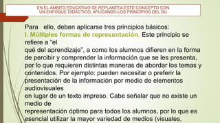 Para ello, deben aplicarse tres principios básicos:
I. Múltiples formas de representación. Este principio se
refiere a “el
qué del aprendizaje”, a como los alumnos difieren en la forma
de percibir y comprender la información que se les presenta,
por lo que requieren distintas maneras de abordar los temas y
contenidos. Por ejemplo: pueden necesitar o preferir la
presentación de la información por medio de elementos
audiovisuales
en lugar de un texto impreso. Cabe señalar que no existe un
medio de
representación óptimo para todos los alumnos, por lo que es
esencial utilizar la mayor variedad de medios (visuales,
EN EL ÁMBITO EDUCATIVO SE REPLANTEA ESTE CONCEPTO CON
UN ENFOQUE DIDÁCTICO, APLICANDO LOS PRINCIPIOS DEL DU
 