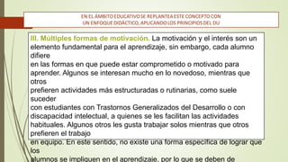 III. Múltiples formas de motivación. La motivación y el interés son un
elemento fundamental para el aprendizaje, sin embargo, cada alumno
difiere
en las formas en que puede estar comprometido o motivado para
aprender. Algunos se interesan mucho en lo novedoso, mientras que
otros
prefieren actividades más estructuradas o rutinarias, como suele
suceder
con estudiantes con Trastornos Generalizados del Desarrollo o con
discapacidad intelectual, a quienes se les facilitan las actividades
habituales. Algunos otros les gusta trabajar solos mientras que otros
prefieren el trabajo
en equipo. En este sentido, no existe una forma específica de lograr que
los
alumnos se impliquen en el aprendizaje, por lo que se deben de
 