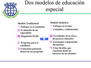 Dos modelos de educación especial
Modelo Tradicional
 Enfoque en el estudiante
 Evaluación de un
especialista
 Diagnóstico/Perfil
 Programa para el
estudiante
 Colocación potencial
dentro de un programa
Modelo Inclusiva
 Enfoque en la clase
 Consultas y colaboración
 Necesidades de la clase y
del proceso educativo
 Estrategias a disposición
del maestro
 Clase flexible, que
reacciona desde los
intereses de los alumnos
Dos modelos de educación
especial
 