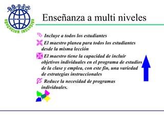 Enseñanza a varios niveles
 Incluye a todos los estudiantes
 El maestro planea para todos los estudiantes
desde la misma lección
 El maestro tiene la capacidad de incluir
objetivos individuales en el programa de estudios
de la clase y emplea, con este fin, una variedad
de estrategias instruccionales
 Reduce la necesidad de programas
individuales.
Enseñanza a multi niveles
 