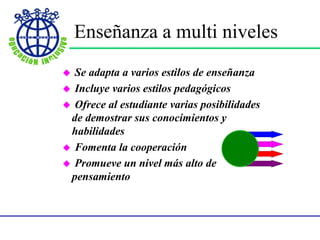  Se adapta a varios estilos de enseñanza
 Incluye varios estilos pedagógicos
 Ofrece al estudiante varias posibilidades
de demostrar sus conocimientos y
habilidades
 Fomenta la cooperación
 Promueve un nivel más alto de
pensamiento
Enseñanza a multi niveles
 