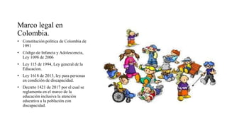 Marco legal en
Colombia.
• Constitución política de Colombia de
1991
• Código de Infancia y Adolescencia,
Ley 1098 de 2006
• Ley 115 de 1994, Ley general de la
Educacion.
• Ley 1618 de 2013, ley para personas
en condición de discapacidad.
• Decreto 1421 de 2017 por el cual se
reglamenta en el marco de la
educación inclusiva la atención
educativa a la población con
discapacidad.
 