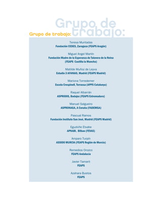 Educación.FH11 Tue Oct 13 12:49:43 2009

Página 1

Grupo de
trabajo:

Grupo de trabajo:

Teresa Muntadas
Fundación CEDES, Zaragoza (FEAPS Aragón)

Miguel Angel Martín
Fundación Madre de la Esperanza de Talavera de la Reina
(FEAPS Castilla la Mancha)
Matilde Muñoz de Leyva
Estudio 3 AFANIAS, Madrid (FEAPS Madrid)
Mariona Torredemer
Escola Crespinell, Terrassa (APPS Catalunya)
Raquel Albarrán
ASPRODIS, Badajoz (FEAPS Extremadura)
Manuel Salgueiro
ASPRONAGA, A Coruña (FADEMGA)
Pascual Ramos
Fundación Instituto San José, Madrid (FEAPS Madrid)
Eguzkiñe Etxabe
APNABI, Bilbao (FEVAS)
Amparo Turpín
ASSIDO MURCIA (FEAPS Región de Murcia)
Remedios Orozco
FEAPS Andalucía
Javier Tamarit
FEAPS
Azahara Bustos
FEAPS

 