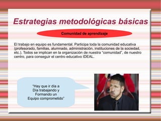 Estrategias metodológicas básicas
Comunidad de aprendizaje
El trabajo en equipo es fundamental. Participa toda la comunidad educativa
(profesorado, familias, alumnado, administración, instituciones de la sociedad,
etc.). Todos se implican en la organización de nuestra “comunidad”, de nuestro
centro, para conseguir el centro educativo IDEAL.
“Hay que ir día a
Día trabajando y
Formando un
Equipo comprometido”
 