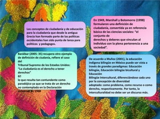 Los conceptos de ciudadanía y de educación
para la ciudadanía que desde la antigua
Grecia han formado parte de las políticas
occidentales han sido punta de lanza para
politícos y pedagogos.
En 1949, Marshall y Botomorre (1998)
formularon una definición de
ciudadanía, convertida ya en referencia
básica de las ciencias sociales: “el
conjunto de
derechos y deberes que vinculan al
individuo con la plena pertenencia a una
sociedad”.
Baráibar (2005: 35) recupera otro ejemplo
de definición de ciudanía, refiere el caso
del
Tribunal Supremo de los Estados Unidos:
“La ciudadanía es el derecho a tener
derechos”
6􀀃
lo que resulta tan contundente como
paradójico ya que se trata de un derecho
no contemplado en la Declaración
Universal de 1948
De acuerdo a Muñoz (2001), la educación
indígena bilingüe en México puede ser vista a
través de grandes paradigmas: Educación
bilingüe, Educación bilingüe bicultural y
Educación
Bilingüe Intercultural, diferenciándose cada uno
por la concepción de diversidad
adoptado: como problema, como recurso o como
derecho, respectivamente. Por tanto, la
interculturalidad no debe ser un discurso más.
 