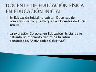  En Educación Inicial no existen Docentes de 
Educación Física, puesto que las Docentes de Inicial 
son DI. 
 La expresión Corporal en Educación Inicial tiene 
definido un momento dentro de la rutina 
denominado, “Actividades Colectivas”. 
 