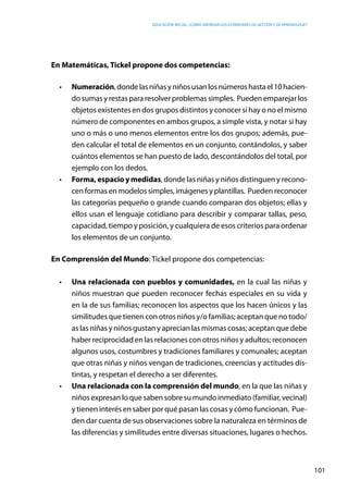 Educación inicial: ¿Cómo abordar los estándares de gestión y de aprendizaje?
101
En Matemáticas, Tickel propone dos competencias:
•	 Numeración,dondelasniñasyniñosusanlosnúmeroshastael10hacien-
dosumasyrestaspararesolverproblemassimples. Puedenemparejarlos
objetos existentes en dos grupos distintos y conocer si hay o no el mismo
número de componentes en ambos grupos, a simple vista, y notar si hay
uno o más o uno menos elementos entre los dos grupos; además, pue-
den calcular el total de elementos en un conjunto, contándolos, y saber
cuántos elementos se han puesto de lado, descontándolos del total, por
ejemplo con los dedos.
•	 Forma,espacioymedidas, donde las niñas y niños distinguen y recono-
cen formas en modelos simples, imágenes y plantillas. Pueden reconocer
las categorías pequeño o grande cuando comparan dos objetos; ellas y
ellos usan el lenguaje cotidiano para describir y comparar tallas, peso,
capacidad, tiempo y posición, y cualquiera de esos criterios para ordenar
los elementos de un conjunto.
En Comprensión del Mundo: Tickel propone dos competencias:
•	 Una relacionada con pueblos y comunidades, en la cual las niñas y
niños muestran que pueden reconocer fechas especiales en su vida y
en la de sus familias; reconocen los aspectos que los hacen únicos y las
similitudes que tienen con otros niños y/o familias; aceptan que no todo/
as las niñas y niños gustan y aprecian las mismas cosas; aceptan que debe
haber reciprocidad en las relaciones con otros niños y adultos; reconocen
algunos usos, costumbres y tradiciones familiares y comunales; aceptan
que otras niñas y niños vengan de tradiciones, creencias y actitudes dis-
tintas, y respetan el derecho a ser diferentes.
•	 Una relacionada con la comprensión del mundo, en la que las niñas y
niñosexpresanlo quesabensobresu mundoinmediato(familiar,vecinal)
y tienen interés en saber por qué pasan las cosas y cómo funcionan. Pue-
den dar cuenta de sus observaciones sobre la naturaleza en términos de
las diferencias y similitudes entre diversas situaciones, lugares o hechos.
 