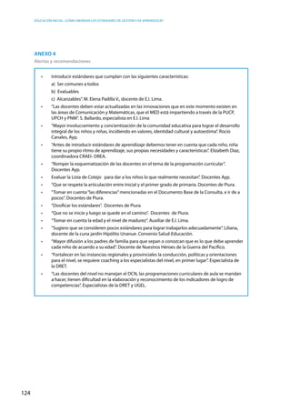 Educación inicial: ¿Cómo abordar los estándares de gestión y de aprendizaje?
124
•	 Introducir estándares que cumplan con las siguientes características:
	 a) Ser comunes a todos
	 b) Evaluables
	 c) Alcanzables”. M. Elena Padilla V., docente de E.I. Lima.
•	 “Las docentes deben estar actualizadas en las innovaciones que en este momento existen en
las áreas de Comunicación y Matemáticas, que el MED está impartiendo a través de la PUCP,
UPCH y PNM”. S. Ballardo, especialista en E.I. Lima
•	 “Mayor involucramiento y concientización de la comunidad educativa para lograr el desarrollo
integral de los niños y niñas, incidiendo en valores, identidad cultural y autoestima”. Rocío
Canales, Ayp.
•	 “Antes de introducir estándares de aprendizaje debemos tener en cuenta que cada niño, niña
tiene su propio ritmo de aprendizaje, sus propias necesidades y características”. Elizabeth Díaz,
coordinadora CRAEI- DREA.
•	 “Romper la esquematización de las docentes en el tema de la programación curricular”.
Docentes Ayp.
•	 Evaluar la Lista de Cotejo   para dar a los niños lo que realmente necesitan”. Docentes Ayp.
•	 “Que se respete la articulación entre Inicial y el primer grado de primaria. Docentes de Piura.
•	 “Tomar en cuenta“las diferencias”mencionadas en el Documento Base de la Consulta, e ir de a
pocos”. Docentes de Piura.
•	 “Dosificar los estándares”.  Docentes de Piura.
•	 “Que no se inicie y luego se quede en el camino”.  Docentes  de Piura.
•	 “Tomar en cuenta la edad y el nivel de madurez”. Auxiliar de E.I. Lima.
•	 “Sugiero que se consideren pocos estándares para lograr trabajarlos adecuadamente”. Liliana,
docente de la cuna jardín Hipólito Unanue. Convenio Salud-Educación.
•	 “Mayor difusión a los padres de familia para que sepan o conozcan que es lo que debe aprender
cada niño de acuerdo a su edad”. Docente de Nuestros Héroes de la Guerra del Pacífico.
•	 “Fortalecer en las instancias regionales y provinciales la conducción, políticas y orientaciones
para el nivel, se requiere coaching a los especialistas del nivel, en primer lugar”. Especialista de
la DRET.
•	 “Las docentes del nivel no manejan el DCN, las programaciones curriculares de aula se mandan
a hacer, tienen dificultad en la elaboración y reconocimiento de los indicadores de logro de
competencias”. Especialistas de la DRET y UGEL.
Anexo 4
Alertas y recomendaciones
 