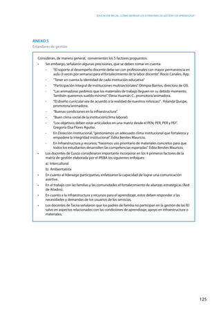 Educación inicial: ¿Cómo abordar los estándares de gestión y de aprendizaje?
125
Consideran, de manera general, convenientes los 5 factores propuestos.
•	 Sin embargo, señalaron algunas precisiones, que se deben tomar en cuenta:
-	 “El soporte al desempeño docente debe ser con profesionales con mayor permanencia en
aula (3 veces por semana) para el fortalecimiento de la labor docente”. Rocío Canales, Ayp.
-	 “Tener en cuenta la identidad de cada institución educativa”
-	 “Participación integral de instituciones multisectoriales”. Olimpia Barrios, directora de CEI.
-	 “Las animadoras pedimos que los materiales de trabajo lleguen en su debido momento.
También queremos sueldo mínimo”. Elena Huamán C., promotora/animadora.
-	 “El diseño curricular sea de acuerdo a la realidad de nuestros niños(as)”. Yolanda Quispe,
promotora/animadora.
-	 “Buenas condiciones en la infraestructura”.
-	 “Buen clima social de la institución(clima laboral).
-	 “Los objetivos deben estar articulados en una matriz desde el PEN, PER, PER y PEI”.
Gregoria Elsa Flores Aguilar.
-	 En Dirección Institucional,“gestionamos un adecuado clima institucional que fortalezca y
empodere la integridad institucional”. Edita Benites Mauricio.
-	 En Infraestructura y recursos,“hacemos uso prioritario de materiales concretos para que
todos los estudiantes desarrollen las competencias esperadas”. Edita Benites Mauricio.
•	 Los docentes de Cusco consideraron importante incorporar en los 4 primeros factores de la
matriz de gestión elaborada por el IPEBA los siguientes enfoques:
	 a) Intercultural
	 b) Ambientalista
•	 En cuanto al liderazgo participativo, enfatizaron la capacidad de lograr una comunicación
asertiva.
•	 En el trabajo con las familias y las comunidades el fortalecimiento de alianzas estratégicas (Red
de Aliados).
•	 En cuanto a la infraestructura y recursos para el aprendizaje, estos deben responder a las
necesidades y demandas de los usuarios de los servicios.
•	 Los docentes de Tacna señalaron que los padres de familia no participan en la gestión de las IEI
salvo en aspectos relacionados con las condiciones de aprendizaje, apoyo en infraestructura o
materiales.
Anexo 5
Estándares de gestión
 