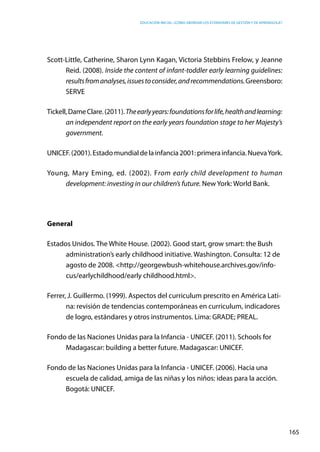 Educación inicial: ¿Cómo abordar los estándares de gestión y de aprendizaje?
165
Scott-Little, Catherine, Sharon Lynn Kagan, Victoria Stebbins Frelow, y Jeanne
Reid. (2008). Inside the content of infant-toddler early learning guidelines:
resultsfromanalyses,issuestoconsider,andrecommendations.Greensboro:
SERVE
Tickell,DameClare.(2011).Theearlyyears:foundationsforlife,healthandlearning:
an independent report on the early years foundation stage to her Majesty’s
government.
UNICEF.(2001).Estadomundialdelainfancia2001:primerainfancia.NuevaYork.
Young, Mary Eming, ed. (2002). From early child development to human
development: investing in our children’s future. New York: World Bank.
General
Estados Unidos. The White House. (2002). Good start, grow smart: the Bush
administration’s early childhood initiative. Washington. Consulta: 12 de
agosto de 2008. <http://georgewbush-whitehouse.archives.gov/info-
cus/earlychildhood/early childhood.html>.
Ferrer, J. Guillermo. (1999). Aspectos del curriculum prescrito en América Lati-
na: revisión de tendencias contemporáneas en curriculum, indicadores
de logro, estándares y otros instrumentos. Lima: GRADE; PREAL.
Fondo de las Naciones Unidas para la Infancia - UNICEF. (2011). Schools for
Madagascar: building a better future. Madagascar: UNICEF.
Fondo de las Naciones Unidas para la Infancia - UNICEF. (2006). Hacia una
escuela de calidad, amiga de las niñas y los niños: ideas para la acción.
Bogotá: UNICEF.
 