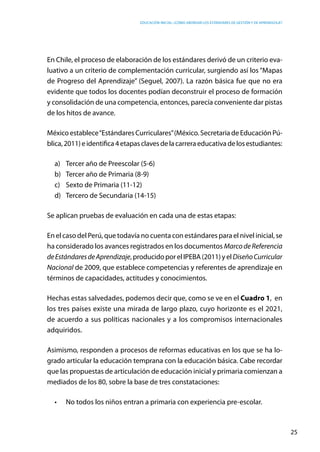 Educación inicial: ¿Cómo abordar los estándares de gestión y de aprendizaje?
25
En Chile, el proceso de elaboración de los estándares derivó de un criterio eva-
luativo a un criterio de complementación curricular, surgiendo así los “Mapas
de Progreso del Aprendizaje” (Seguel, 2007). La razón básica fue que no era
evidente que todos los docentes podían deconstruir el proceso de formación
y consolidación de una competencia, entonces, parecía conveniente dar pistas
de los hitos de avance.
México establece“Estándares Curriculares”(México. Secretaria de Educación Pú-
blica,2011)eidentifica4etapasclavesdelacarreraeducativadelosestudiantes:
a)	 Tercer año de Preescolar (5-6)
b)	 Tercer año de Primaria (8-9)
c)	 Sexto de Primaria (11-12)
d)	 Tercero de Secundaria (14-15)
Se aplican pruebas de evaluación en cada una de estas etapas:
En el caso del Perú, que todavía no cuenta con estándares para el nivel inicial, se
ha considerado los avances registrados en los documentos MarcodeReferencia
deEstándaresdeAprendizaje,producidoporelIPEBA(2011)yelDiseñoCurricular
Nacional de 2009, que establece competencias y referentes de aprendizaje en
términos de capacidades, actitudes y conocimientos.
Hechas estas salvedades, podemos decir que, como se ve en el Cuadro 1, en
los tres países existe una mirada de largo plazo, cuyo horizonte es el 2021,
de acuerdo a sus políticas nacionales y a los compromisos internacionales
adquiridos.
Asimismo, responden a procesos de reformas educativas en los que se ha lo-
grado articular la educación temprana con la educación básica. Cabe recordar
que las propuestas de articulación de educación inicial y primaria comienzan a
mediados de los 80, sobre la base de tres constataciones:
•	 No todos los niños entran a primaria con experiencia pre-escolar.
 
