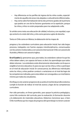 Educación inicial: ¿Cómo abordar los estándares de gestión y de aprendizaje?
26
•	 Hay diferencias en los perfiles de ingreso de los niños rurales, especial-
mente de aquellos de zonas más alejadas o culturalmente diferenciadas.
•	 Hay cierta sobre formalización de los dos primeros grados de la primaria
que podría ser uno de los factores gravitantes en la repetición, porque
las niñas y niños no están preparados para irse adaptando a ella.
Se señala como meta una educación de calidad, inclusiva y con equidad, cuyo
eje central es la visión del niño y niña como persona sujeto de derecho.
Tanto en Chile como en México, la elaboración de los mapas de
progreso y los estándares curriculares para educación inicial, han sido largos
procesos, trabajados con fuertes equipos interdisciplinarios, consensuados
con los actores involucrados y con asesoría internacional: Chile con asesoría de
Australia y México con asesoría inglesa.
En el Cuadro 2, apreciamos que, para todos, los estándares valoran lo que los
niños deben saber y ser capaces de hacer, es decir, los aprendizajes que todos
deben alcanzar. Los estándares están directamente relacionados con lo que es
exigible al servicio educativo. Es para eso que van las niñas y niños a participar
en el nivel de educación inicial. En consecuencia, las diferencias individuales
entre las niñas y niños podrían conducir a variaciones en el nivel de logro de
las competencias indicadas, pero estas deben ser conseguidas a un nivel básico
mínimo por todos los estudiantes.
El enfoque es de carácter progresivo de acuerdo al nivel de desarrollo evolutivo;
cumple la función de indicar el nivel de avance y logro de las competencias
curriculares.
Han sido pensados, en líneas generales, para apoyar la práctica pedagógica,
como hilo conductor del currículo, para la evaluación, la formación docente
y la elaboración de materiales educativos. Debemos mencionar que, si bien
Chile manifiesta que los mapas de progreso del aprendizaje no tienen carácter
 