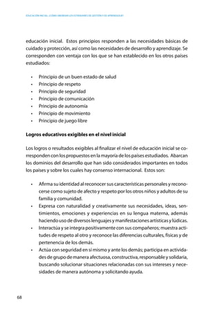 Educación inicial: ¿Cómo abordar los estándares de gestión y de aprendizaje?
68
educación inicial. Estos principios responden a las necesidades básicas de
cuidado y protección, así como las necesidades de desarrollo y aprendizaje. Se
corresponden con ventaja con los que se han establecido en los otros países
estudiados:
•	 Principio de un buen estado de salud
•	 Principio de respeto
•	 Principio de seguridad
•	 Principio de comunicación
•	 Principio de autonomía
•	 Principio de movimiento
•	 Principio de juego libre
Logros educativos exigibles en el nivel inicial
Los logros o resultados exigibles al finalizar el nivel de educación inicial se co-
rresponden con los propuestos en la mayoría de los países estudiados. Abarcan
los dominios del desarrollo que han sido considerados importantes en todos
los países y sobre los cuales hay consenso internacional. Estos son:
•	 Afirma su identidad al reconocer sus características personales y recono-
cerse como sujeto de afecto y respeto por los otros niños y adultos de su
familia y comunidad.
•	 Expresa con naturalidad y creativamente sus necesidades, ideas, sen-
timientos, emociones y experiencias en su lengua materna, además
haciendo uso de diversos lenguajes y manifestaciones artísticas y lúdicas.
•	 Interactúa y se integra positivamente con sus compañeros; muestra acti-
tudes de respeto al otro y reconoce las diferencias culturales, físicas y de
pertenencia de los demás.
•	 Actúa con seguridad en sí mismo y ante los demás; participa en activida-
des de grupo de manera afectuosa, constructiva, responsable y solidaria,
buscando solucionar situaciones relacionadas con sus intereses y nece-
sidades de manera autónoma y solicitando ayuda.
 