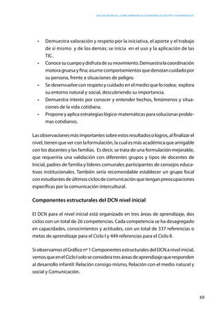 Educación inicial: ¿Cómo abordar los estándares de gestión y de aprendizaje?
69
•	 Demuestra valoración y respeto por la iniciativa, el aporte y el trabajo
de sí mismo  y de los demás; se inicia  en el uso y la aplicación de las
TIC.
•	 Conocesucuerpoydisfrutadesumovimiento.Demuestralacoordinación
motora gruesa y fina; asume comportamientos que denotan cuidado por
su persona, frente a situaciones de peligro.
•	 Se desenvuelve con respeto y cuidado en el medio que lo rodea;  explora
su entorno natural y social, descubriendo su importancia.
•	 Demuestra interés por conocer y entender hechos, fenómenos y situa-
ciones de la vida cotidiana.
•	 Propone y aplica estrategias lógico-matemáticas para solucionar proble-
mas cotidianos.
Lasobservacionesmásimportantessobreestosresultadosologros,alfinalizarel
nivel, tienen que ver con la formulación, la cual es más académica que amigable
con los docentes y las familias. Es decir, se trata de una formulación mejorable,
que requeriría una validación con diferentes grupos y tipos de docentes de
Inicial, padres de familia y líderes comunales participantes de consejos educa-
tivos institucionales. También sería recomendable establecer un grupo focal
con estudiantes de últimos ciclos de comunicación que tengan preocupaciones
específicas por la comunicación intercultural.
Componentes estructurales del DCN nivel inicial
El DCN para el nivel inicial está organizado en tres áreas de aprendizaje, dos
ciclos con un total de 26 competencias. Cada competencia se ha desagregado
en capacidades, conocimientos y actitudes, con un total de 337 referencias o
metas de aprendizaje para el Ciclo I y 449 referencias para el Ciclo II.
Si observamos el Gráfico nº 1 Componentes estructurales del DCN a nivel inicial,
vemosqueenelCicloIsoloseconsideratresáreasdeaprendizajequeresponden
al desarrollo infantil: Relación consigo mismo, Relación con el medio natural y
social y Comunicación.
 