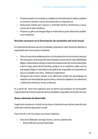 Educación inicial: ¿Cómo abordar los estándares de gestión y de aprendizaje?
93
•	 Se desenvuelve con respeto y cuidado en el medio que lo rodea y explora
su entorno natural y social, descubriendo su importancia.
•	 Demuestra interés por conocer y entender hechos, fenómenos y situa-
ciones de la vida cotidiana.
•	 Propone y aplica estrategias lógico-matemáticas para solucionar proble-
mas cotidianos
Revisión necesaria en la formulación de resultados del nivel inicial:
Es importante destacar que los resultados cognitivos están bastante diluidos o
expresados de manera poco evidente:
•	 Tal es el caso de la alfabetización o la introducción en el universo textual.  
•	 Por otra parte, laformulación del resultado concerniente alas habilidades
lógico-matemáticasrehúyeuntantolacomprensióndemuchosdocentes
y de la mayor parte de las familias, porque no es evidente cuáles son las
estrategias lógico-matemáticas de aplicación esperable en el período en
que se cumplen seis años.  Debieran explicitarse.
•	 Tampoco hay mucha alusión a los diferentes estilos de aprendizaje en
relaciónalanecesidaddequelasniñasyniñoslosexplorenconreferencia
a diferentes intereses, temas y talentos.
Es a partir de estos tres aspectos que se tienen que producir los principales
mejoramientosenlaformulacióndelosresultadosesperablesalconcluirelnivel.
Áreas o dominios de desarrollo:
Sugerimos mantener e insistir en las áreas o dominios que existen para los dos
ciclos del nivel de educación inicial:
Para el Ciclo I, son tres áreas con nueve subáreas:
•	 Área de la Relación consigo mismo, con las subáreas de:
-	 Desarrollo de la psicomotricidad,
 