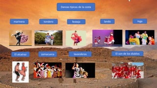 Danzas típicas de la costa
El alcatraz
tonderomarinera festejo
zamacueca
lando
lavanderas El son de los diablos
inga
 