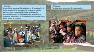 • Chopccas
Pueblo andino campesino de Huancavelica.
• Huancas
Grupo étnico ancestral. Son pobladores de las actuales de
Jauja, Concepción y Huancayo. Se trata de un pueblo
guerrero, cuya economía ha estado basada en la
agricultura (siembra y cosecha de maíz, papas y otros
productos agrícolas), y en la ganadería (cuidados de llamas
en las tierras de la puna).
 