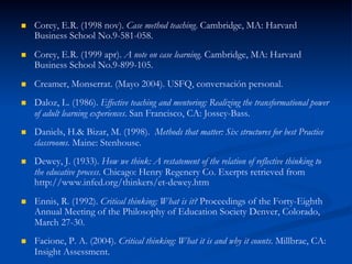 n  Corey, E.R. (1998 nov). Case method teaching. Cambridge, MA: Harvard
Business School No.9-581-058.
n  Corey, E.R. (1999 apr). A note on case learning. Cambridge, MA: Harvard
Business School No.9-899-105.
n  Creamer, Monserrat. (Mayo 2004). USFQ, conversación personal.
n  Daloz, L. (1986). Effective teaching and mentoring: Realizing the transformational power
of adult learning experiences. San Francisco, CA: Jossey-Bass.
n  Daniels, H.& Bizar, M. (1998). Methods that matter: Six structures for best Practice
classrooms. Maine: Stenhouse.
n  Dewey, J. (1933). How we think: A restatement of the relation of reflective thinking to
the educative process. Chicago: Henry Regenery Co. Exerpts retrieved from
http://www.infed.org/thinkers/et-dewey.htm
n  Ennis, R. (1992). Critical thinking: What is it? Proceedings of the Forty-Eighth
Annual Meeting of the Philosophy of Education Society Denver, Colorado,
March 27-30.
n  Facione, P. A. (2004). Critical thinking: What it is and why it counts. Millbrae, CA:
Insight Assessment.
 