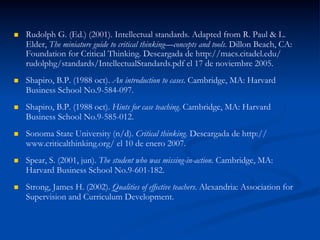 n  Rudolph G. (Ed.) (2001). Intellectual standards. Adapted from R. Paul & L.
Elder, The miniature guide to critical thinking—concepts and tools. Dillon Beach, CA:
Foundation for Critical Thinking. Descargada de http://macs.citadel.edu/
rudolphg/standards/IntellectualStandards.pdf el 17 de noviembre 2005.
n  Shapiro, B.P. (1988 oct). An introduction to cases. Cambridge, MA: Harvard
Business School No.9-584-097.
n  Shapiro, B.P. (1988 oct). Hints for case teaching. Cambridge, MA: Harvard
Business School No.9-585-012.
n  Sonoma State University (n/d). Critical thinking. Descargada de http://
www.criticalthinking.org/ el 10 de enero 2007.
n  Spear, S. (2001, jun). The student who was missing-in-action. Cambridge, MA:
Harvard Business School No.9-601-182.
n  Strong, James H. (2002). Qualities of effective teachers. Alexandria: Association for
Supervision and Curriculum Development.
 