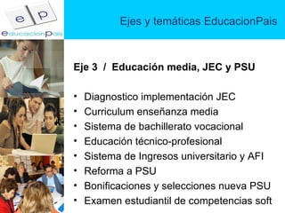Ejes y temáticas EducacionPais Eje 3  /  Educación media, JEC y PSU Diagnostico implementación JEC Curriculum enseñanza media Sistema de bachillerato vocacional Educación técnico-profesional Sistema de Ingresos universitario y AFI Reforma a PSU Bonificaciones y selecciones nueva PSU Examen estudiantil de competencias soft 