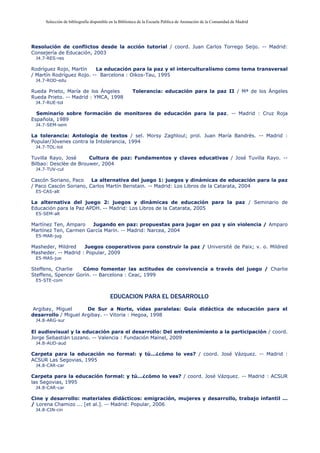Selección de bibliografía disponible en la Biblioteca de la Escuela Pública de Animación de la Comunidad de Madrid
Resolución de conflictos desde la acción tutorial / coord. Juan Carlos Torrego Seijo. -- Madrid:
Consejería de Educación, 2003
J4.7-RES-res
Rodríguez Rojo, Martín La educación para la paz y el interculturalismo como tema transversal
/ Martín Rodríguez Rojo. -- Barcelona : Oikos-Tau, 1995
J4.7-ROD-edu
Rueda Prieto, María de los Ángeles Tolerancia: educación para la paz II / Mª de los Ángeles
Rueda Prieto. -- Madrid : YMCA, 1998
J4.7-RUE-tol
Seminario sobre formación de monitores de educación para la paz. -- Madrid : Cruz Roja
Española, 1989
J4.7-SEM-sem
La tolerancia: Antología de textos / sel. Morsy Zaghloul; prol. Juan María Bandrés. -- Madrid :
Popular/Jóvenes contra la Intolerancia, 1994
J4.7-TOL-tol
Tuvilla Rayo, José Cultura de paz: Fundamentos y claves educativas / José Tuvilla Rayo. --
Bilbao: Desclèe de Brouwer, 2004
J4.7-TUV-cul
Cascón Soriano, Paco La alternativa del juego 1: juegos y dinámicas de educación para la paz
/ Paco Cascón Soriano, Carlos Martín Beristain. -- Madrid: Los Libros de la Catarata, 2004
E5-CAS-alt
La alternativa del juego 2: juegos y dinámicas de educación para la paz / Seminario de
Educación para la Paz APDH. -- Madrid: Los Libros de la Catarata, 2005
E5-SEM-alt
Martínez Ten, Amparo Jugando en paz: propuestas para jugar en paz y sin violencia / Amparo
Martínez Ten, Carmen García Marín. -- Madrid: Narcea, 2004
E5-MAR-jug
Masheder, Mildred Juegos cooperativos para construir la paz / Université de Paix; v. o. Mildred
Masheder. -- Madrid : Popular, 2009
E5-MAS-jue
Steffens, Charlie Cómo fomentar las actitudes de convivencia a través del juego / Charlie
Steffens, Spencer Gorin. -- Barcelona : Ceac, 1999
E5-STE-com
EDUCACION PARA EL DESARROLLO
Argibay, Miguel De Sur a Norte, vidas paralelas: Guía didáctica de educación para el
desarrollo / Miguel Argibay. -- Vitoria : Hegoa, 1998
J4.8-ARG-sur
El audiovisual y la educación para el desarrollo: Del entretenimiento a la participación / coord.
Jorge Sebastián Lozano. -- Valencia : Fundación Mainel, 2009
J4.8-AUD-aud
Carpeta para la educación no formal: y tú...¿cómo lo ves? / coord. José Vázquez. -- Madrid :
ACSUR Las Segovias, 1995
J4.8-CAR-car
Carpeta para la educación formal: y tú...¿cómo lo ves? / coord. José Vázquez. -- Madrid : ACSUR
las Segovias, 1995
J4.8-CAR-car
Cine y desarrollo: materiales didácticos: emigración, mujeres y desarrollo, trabajo infantil ...
/ Lorena Chamizo ... [et al.]. -- Madrid: Popular, 2006
J4.8-CIN-cin
 