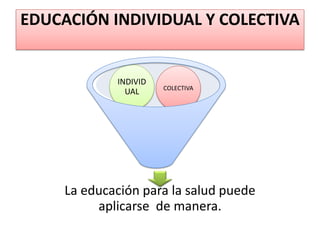 EDUCACIÓN INDIVIDUAL Y COLECTIVA 
La educación para la salud puede aplicarse de manera. 
INDIVIDUAL 
COLECTIVA  