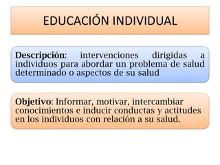 EDUCACIÓN INDIVIDUAL 
Descripción: intervenciones dirigidas a individuos para abordar un problema de salud determinado o aspectos de su salud 
Objetivo: Informar, motivar, intercambiar conocimientos e inducir conductas y actitudes en los individuos con relación a su salud.  
