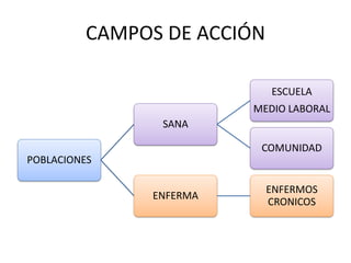 CAMPOS DE ACCIÓN 
POBLACIONES 
SANA 
ESCUELA MEDIO LABORAL 
COMUNIDAD 
ENFERMA 
ENFERMOS CRONICOS  