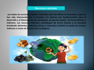 son todos los servicios y bienes materiales que nos ofrece la naturaleza y que no
han sido intervenido por el hombre, los mismos son fundamentales para el
desarrollo y el bienestar de las sociedades, ya que les ayudan de forma directa o
indirecta. Los recursos naturales contribuyen de forma directa a la sociedad
brindando alimentos, materias primas y minerales; también la ayuda de manera
indirecta a través de los servicios ecológicos.
Recursos naturales
 