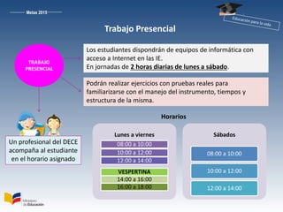 Metas 2015
Trabajo Presencial
Los estudiantes dispondrán de equipos de informática con
acceso a Internet en las IE.
En jornadas de 2 horas diarias de lunes a sábado.
Podrán realizar ejercicios con pruebas reales para
familiarizarse con el manejo del instrumento, tiempos y
estructura de la misma.
Lunes a viernes
08:00 a 10:00
10:00 a 12:00
12:00 a 14:00
VESPERTINA
14:00 a 16:00
16:00 a 18:00
Sábados
08:00 a 10:00
10:00 a 12:00
12:00 a 14:00
Un profesional del DECE
acompaña al estudiante
en el horario asignado
Horarios
TRABAJO
PRESENCIAL
 