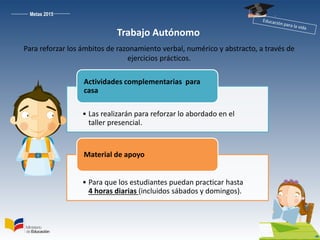 Metas 2015
Trabajo Autónomo
• Las realizarán para reforzar lo abordado en el
taller presencial.
Actividades complementarias para
casa
• Para que los estudiantes puedan practicar hasta
4 horas diarias (incluidos sábados y domingos).
Material de apoyo
Para reforzar los ámbitos de razonamiento verbal, numérico y abstracto, a través de
ejercicios prácticos.
 
