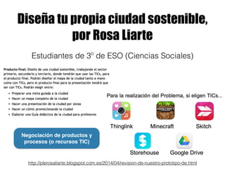 Diseña tu propia ciudad sostenible,
por Rosa Liarte
http://plerosaliarte.blogspot.com.es/2014/04/revision-de-nuestro-prototipo-de.html
Estudiantes de 3º de ESO (Ciencias Sociales)
Negociación de productos y
procesos (o recursos TIC)
 